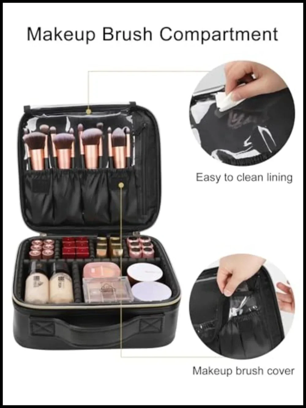 PU Leather Train Case Makeup Bag with Adjustable Dividers Travel Cosmetic